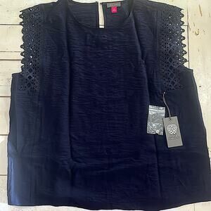 Vince Camuto Shirt Sleeveless Trimmed Tank Top Blouse Navy Blue XL Classic Layer